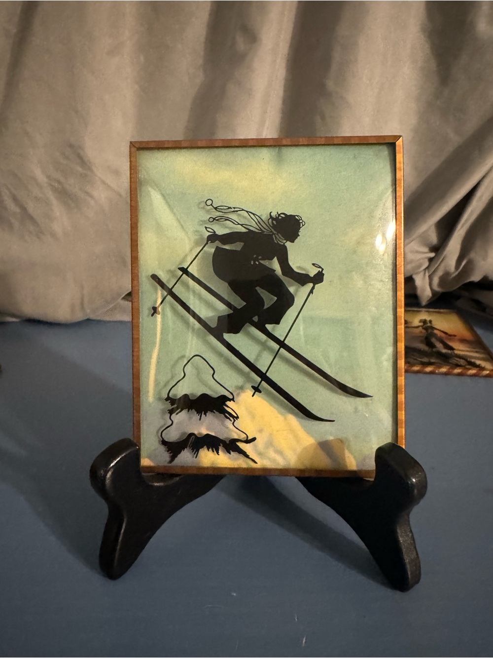 Vintage Ski Silhouette Framed Art - Black on Teal